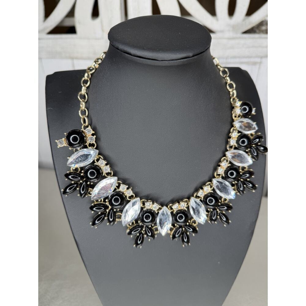Statement Chunky & Clear Rhinestone Necklace Black Gold Hollywood Glam